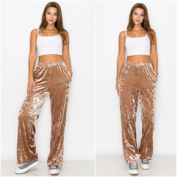 (49)🤎LAST1️⃣🤎Champagne Velvet Wide Leg Elastic Pocket Casual Pants - Picture 3 of 5
